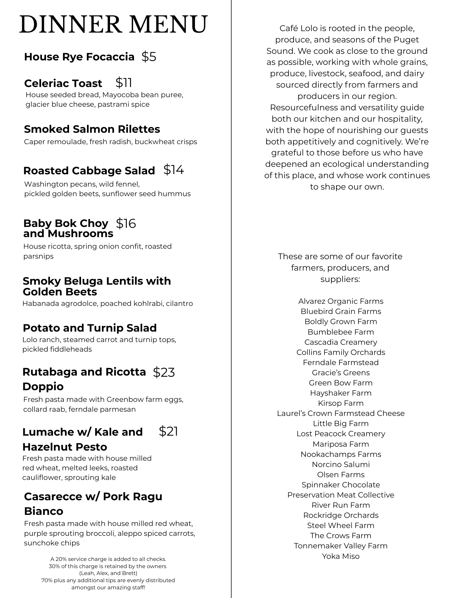 Dinner menu, page one