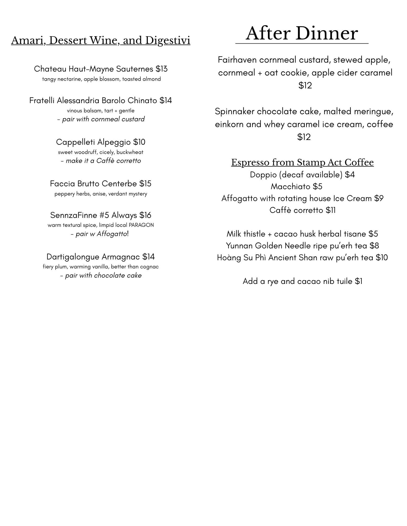 Dinner menu, page three