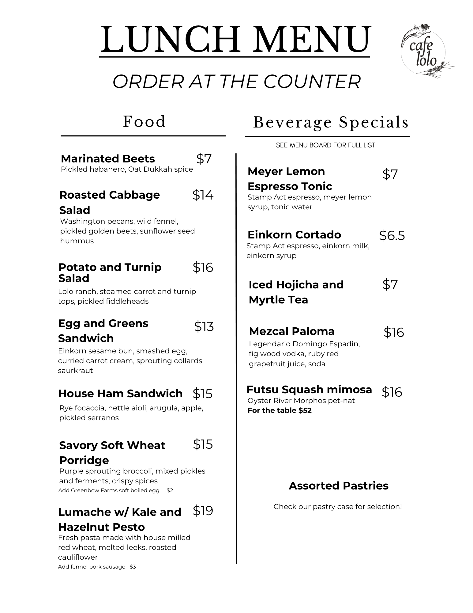 Lunch menu, page one